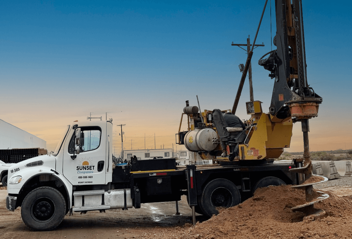 Drilling truck. Drilling services provided by Sunset Drilling, serving Scottsdale, Mesa, Queen Creek, Gilbert, Chandler, Tempe, Apache Junction, Florence, San Tan Valley & areas of the Phoenix AZ east valley.